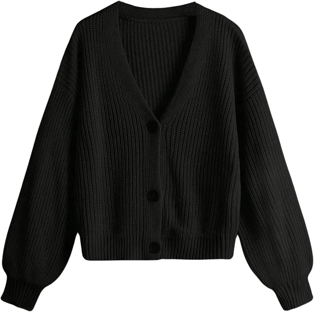SweatyRocks Girl's Long Sleeve Drop Shoulder V Neck Button Front Ribbed Knit Cardigan Sweaters