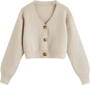 SweatyRocks Girl's Long Sleeve Drop Shoulder V Neck Button Front Ribbed Knit Cardigan Sweaters