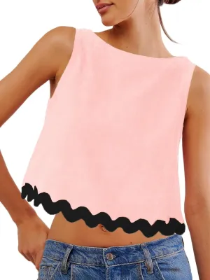 Tankaneo Womens Cropped Tank Tops Summer Casual Crew Neck Loose Fit Sleeveless Tee Shirts