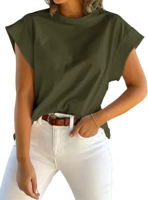 Tankaneo Womens Summer Cap Sleeve Tank Top Crew Neck Solid Casual Loose Fit Basic Tee Shirt