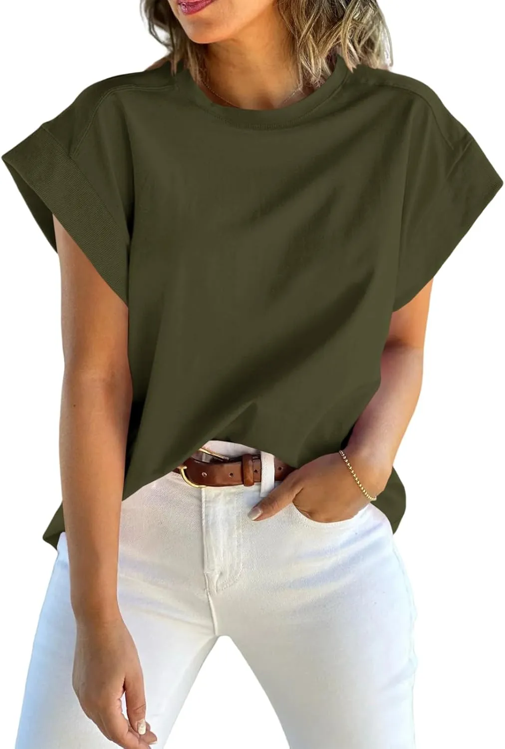 Tankaneo Womens Summer Cap Sleeve Tank Top Crew Neck Solid Casual Loose Fit Basic Tee Shirt