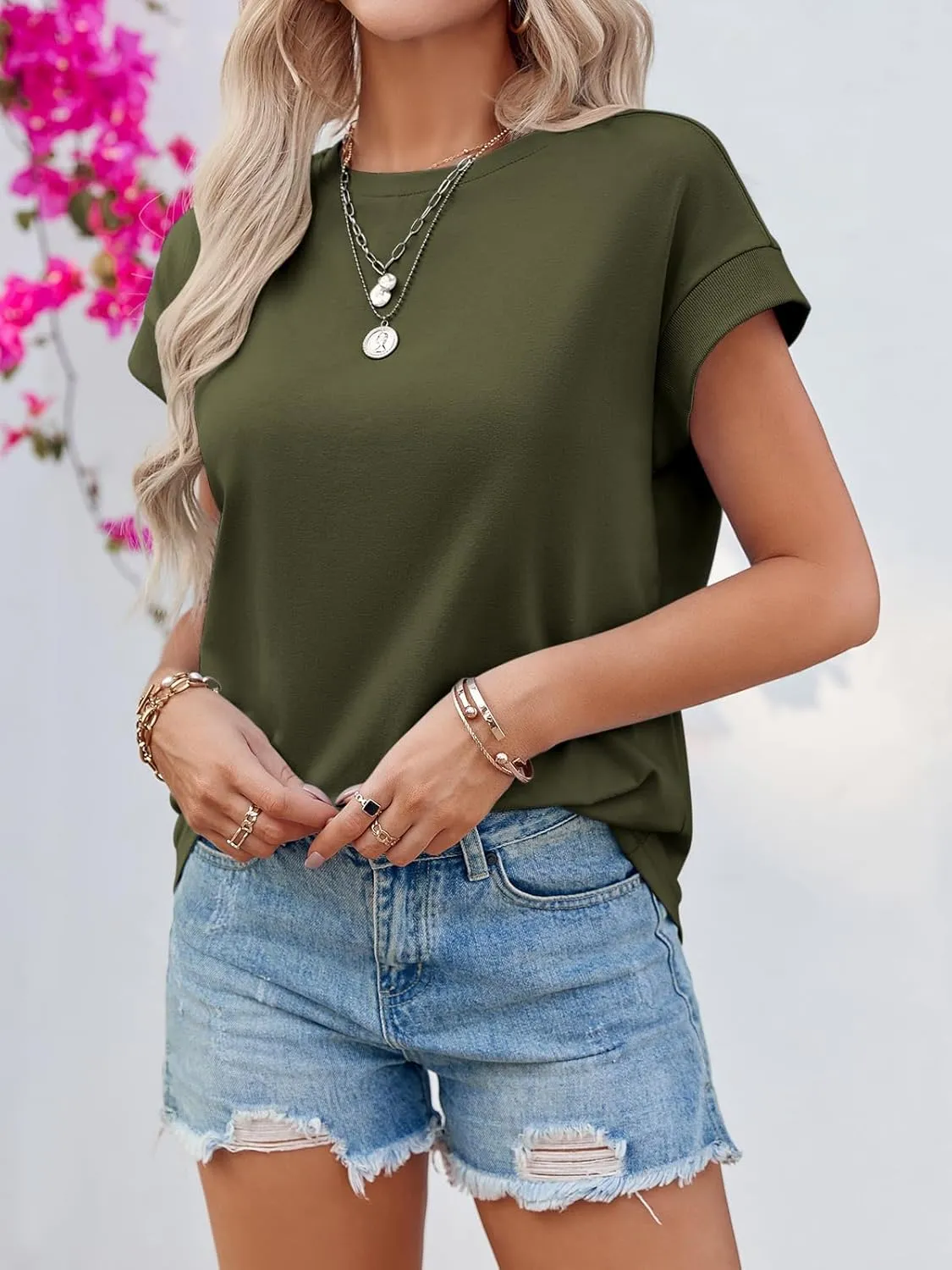 Tankaneo Womens Summer Cap Sleeve Tank Top Crew Neck Solid Casual Loose Fit Basic Tee Shirt