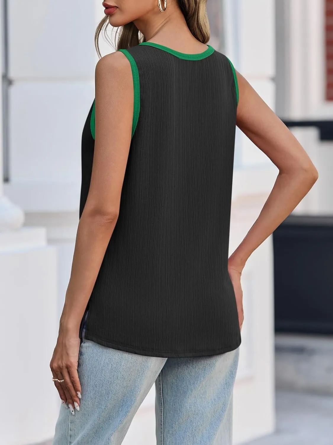 Tankaneo Womens Summer Color Block Tank Tops Casual Scoop Neck Sleeveless Shirt Loose Fit Ribbed Knit Basic Tee