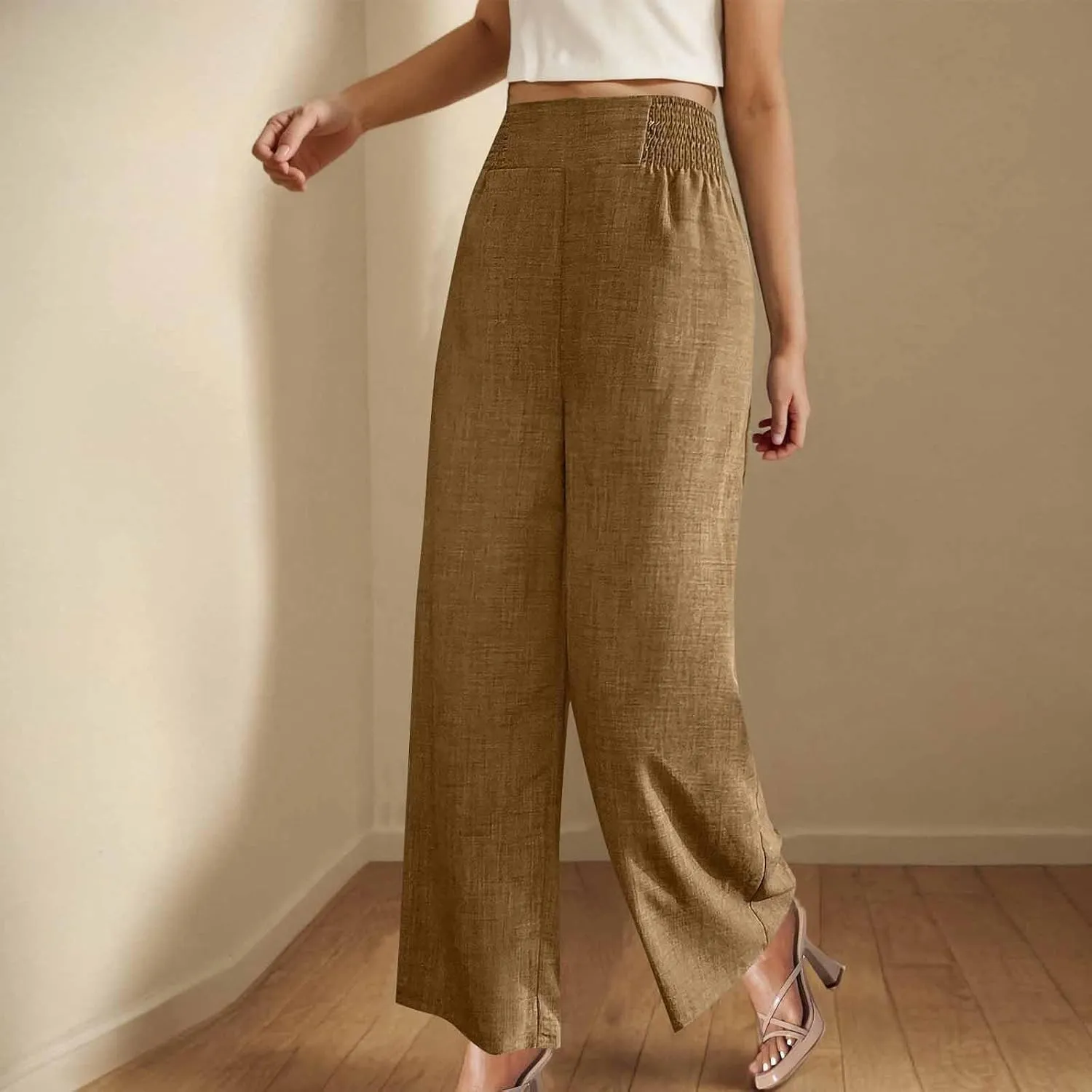 TARIENDY Beach Pants for Women Petite Women's high Waist Wide Leg Trousers Summer Casual Outfits Elastic Pants with Pockets