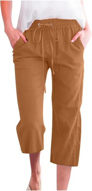 TARIENDY Capri Pants for Women Casual 2025 Summer Drawstring Elastic High Waisted Pant Straight Wide Leg Cropped Trouser