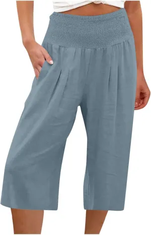TARIENDY Casual Capri Pants for Women Cotton Linen Pants Wide Leg Lounge Pants Summer High Waisted Capris with Pockets