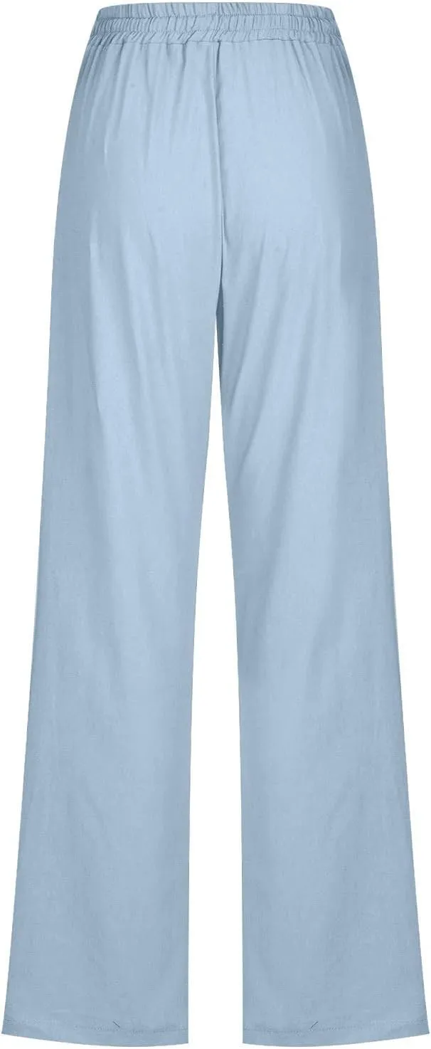 TARIENDY Casual Pants for Women Loose Fit Straight Leg Drawstring Elastic Waist Pants Summer Beach Outfits with Pockets