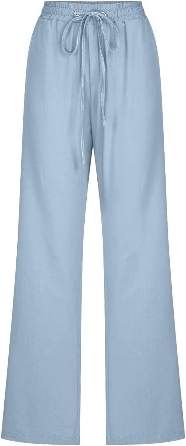 TARIENDY Casual Pants for Women Loose Fit Straight Leg Drawstring Elastic Waist Pants Summer Beach Outfits with Pockets