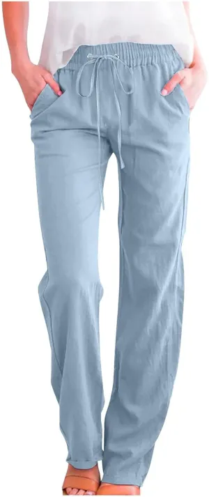 TARIENDY Casual Pants for Women Loose Fit Straight Leg Drawstring Elastic Waist Pants Summer Beach Outfits with Pockets