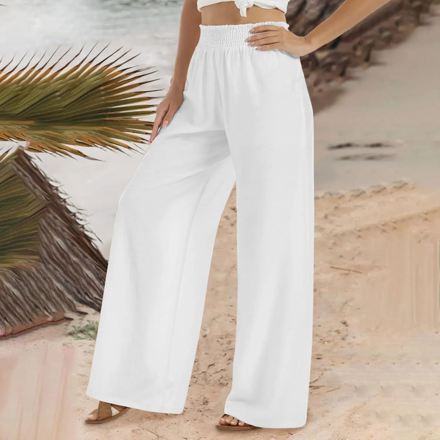 TARIENDY Linen Wide Leg Pants for Women Ladies Elastic high Waisted Outfits 2025 Wide Leg Pants Lightweight Casual Trousers