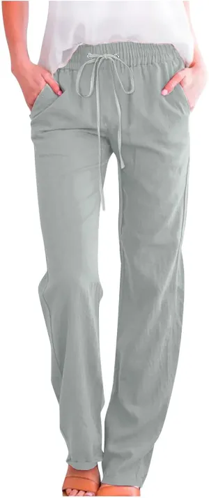 TARIENDY Womens Casual Pants Straight Leg Loose Fit Elastic Drawsting Trousers High Waist Beach Casual Outfits with Pockets