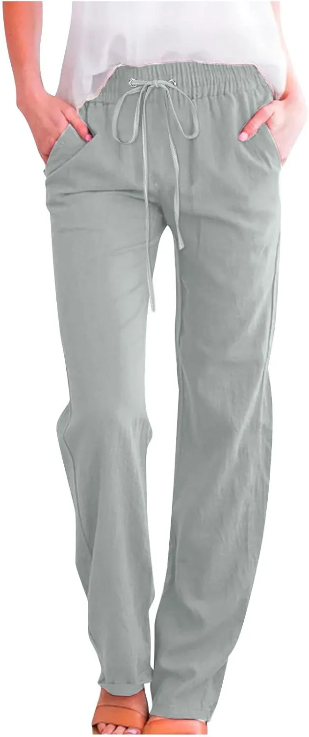 TARIENDY Womens Casual Pants Straight Leg Loose Fit Elastic Drawsting Trousers High Waist Beach Casual Outfits with Pockets