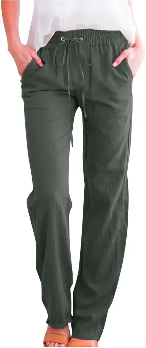 TARIENDY Womens Casual Pants Straight Leg Loose Fit Elastic Drawsting Trousers High Waist Beach Casual Outfits with Pockets