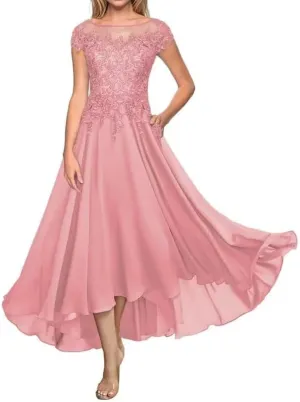 Tea Length Mother of The Bride Dresses for Wedding Women's Laces Appliques Chiffon Formal Evening Dress with Pockets EDE003