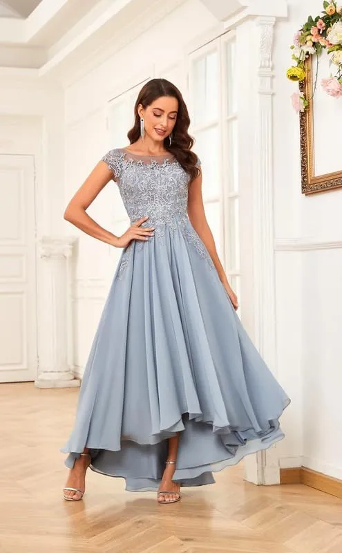 Tea Length Mother of The Bride Dresses for Wedding Women's Laces Appliques Chiffon Formal Evening Dress with Pockets EDE003