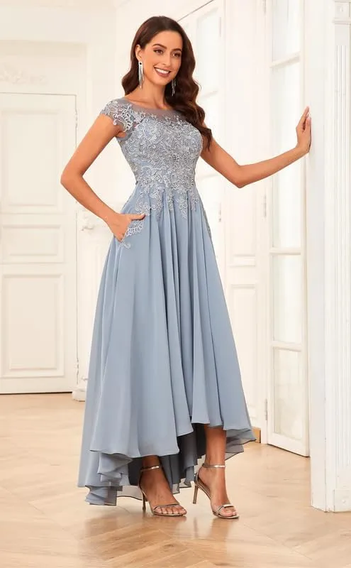 Tea Length Mother of The Bride Dresses for Wedding Women's Laces Appliques Chiffon Formal Evening Dress with Pockets EDE003
