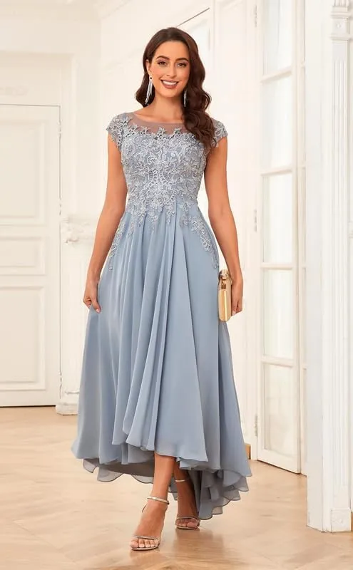 Tea Length Mother of The Bride Dresses for Wedding Women's Laces Appliques Chiffon Formal Evening Dress with Pockets EDE003
