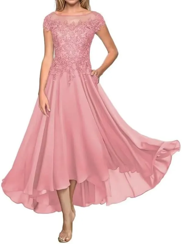 Tea Length Mother of The Bride Dresses for Wedding Women's Laces Appliques Chiffon Formal Evening Dress with Pockets EDE003