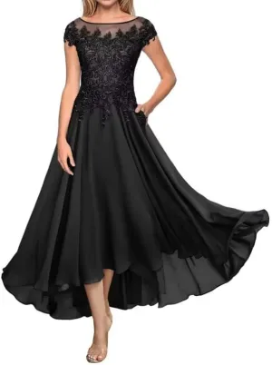 Tea Length Mother of The Bride Dresses for Wedding Women's Laces Appliques Chiffon Formal Evening Dress with Pockets EDE003