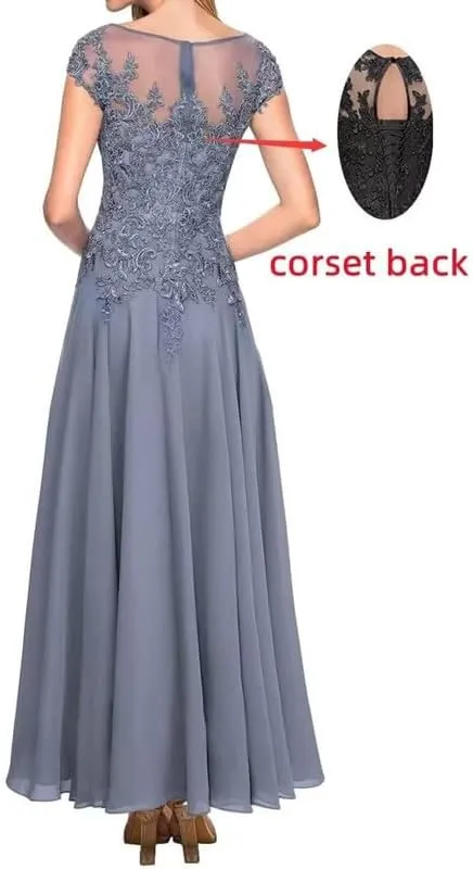 Tea Length Mother of The Bride Dresses for Wedding Women's Laces Appliques Chiffon Formal Evening Dress with Pockets EDE003