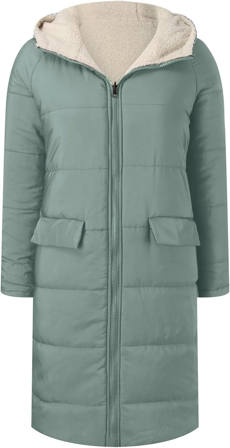 Thicken Fleece Lined for Women Puffer Coat Padded Jacket Plus Size Fleece Jacket Color Block Lightweight Heated Long