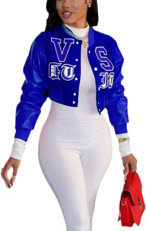 THLAI Women Varsity Jacket Button Down Cropped Faux Leather Jacket Letter Embroidery Jacket Short Baseball Outwear