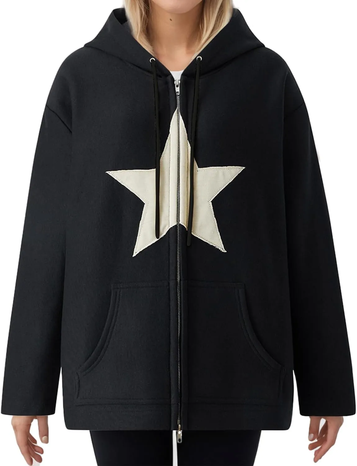 TIAFORD Women's Y2k Star Graphic Zip Up Hoodies Casual Oversize Long Sleeve Aesthetic Streetwear Jackets with Pocket