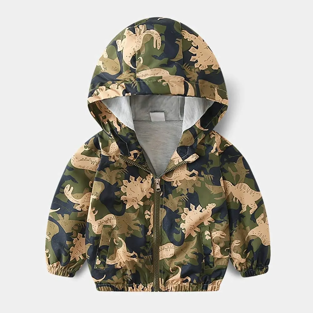 Toddler Baby Boys Cartoon Dinosaur Print Hooded Jacket Long Sleeve Windproof Coats Zip Up Trench Windbreaker Outerwear