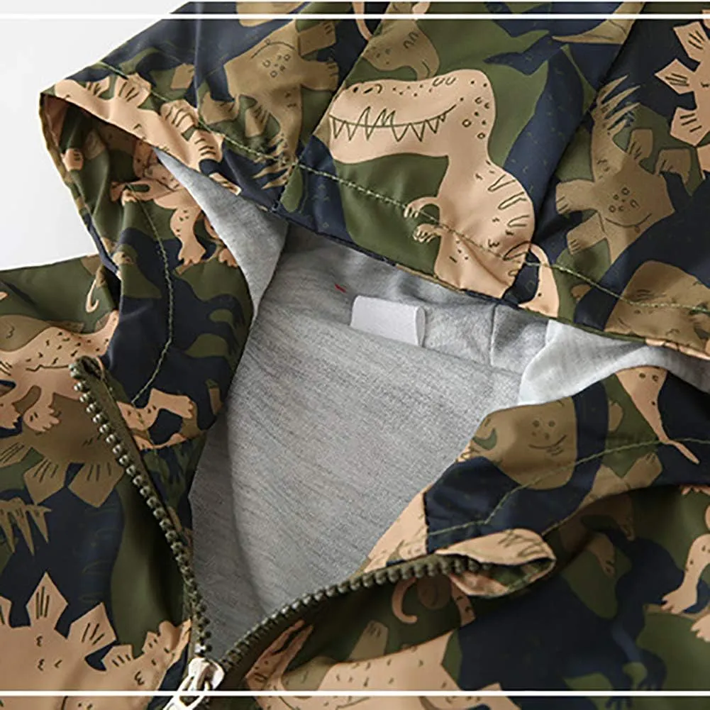 Toddler Baby Boys Cartoon Dinosaur Print Hooded Jacket Long Sleeve Windproof Coats Zip Up Trench Windbreaker Outerwear