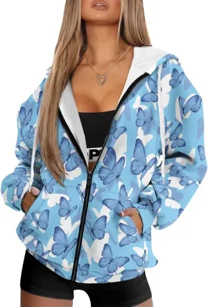 TODIYADDU Zip Up Hoodie for Women Fashion Sweatshirts with Pockets Oversized Jacket Drawstring Hoodies Y2k Winter Outfits