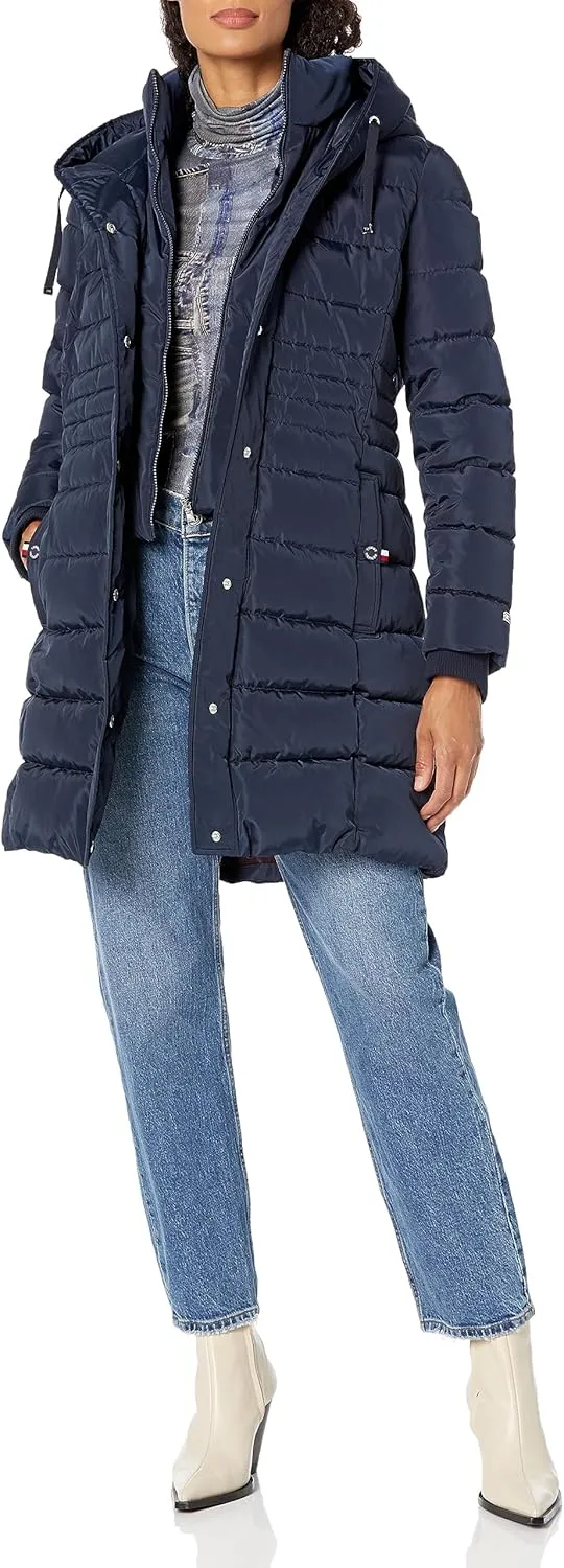 Tommy Hilfiger Women's Long Down Hooded Puffer Jacket with Bib