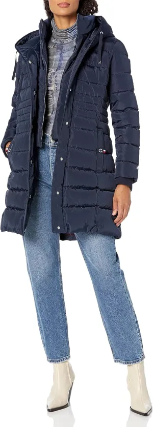 Tommy Hilfiger Women's Long Down Hooded Puffer Jacket with Bib