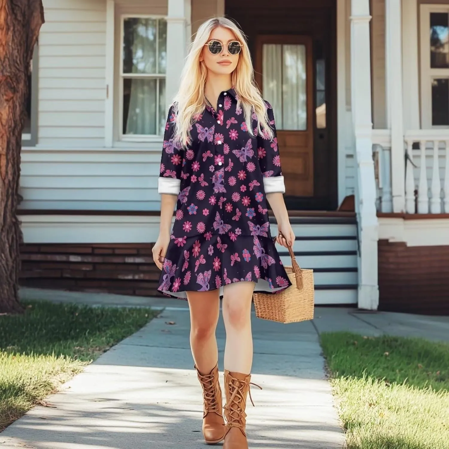 Tunic Shirt Mini Dress for Women Stylish Button Down V-Neck Shift Dress Drop Waist Long Sleeve Mini Dresses