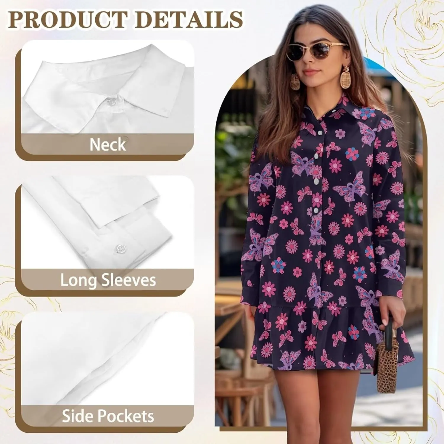 Tunic Shirt Mini Dress for Women Stylish Button Down V-Neck Shift Dress Drop Waist Long Sleeve Mini Dresses