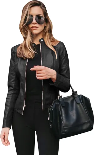 TYQQU Women Fall Faux Leather Outwear Short PU Slim Fit Coat Zip Up Regular Jacket