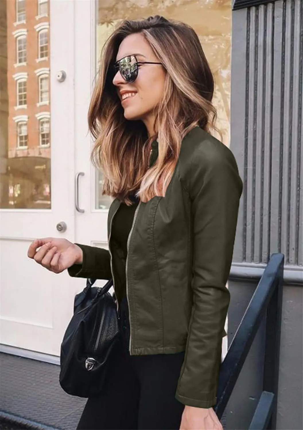 TYQQU Women Fall Faux Leather Outwear Short PU Slim Fit Coat Zip Up Regular Jacket