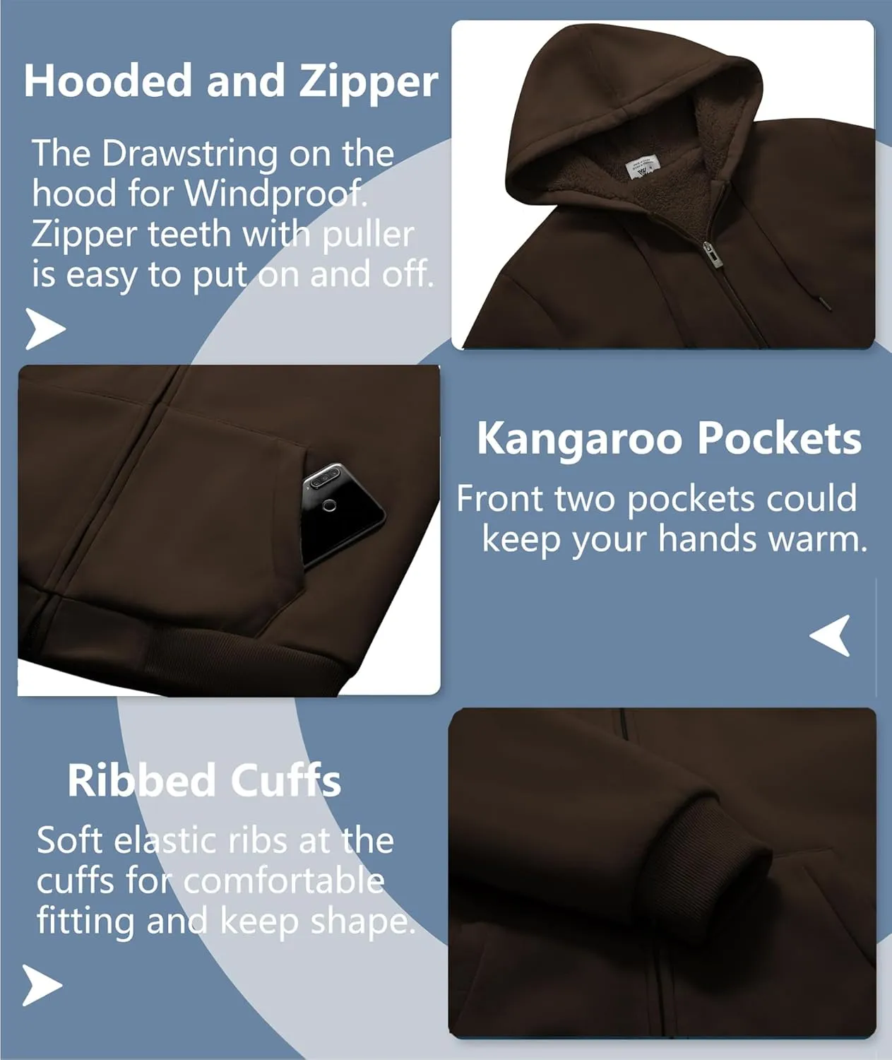 V VALANCH Men Hoodie Zip Up Winter Sherpa Lined Sweatshirt Heavyweight Thick Warm Fleece Jacket