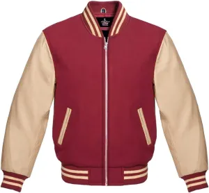 Varsity Baseball Letterman Bomber School College Maroon Wool & Genuine Cream Leather Sleeves Zipper Jacket