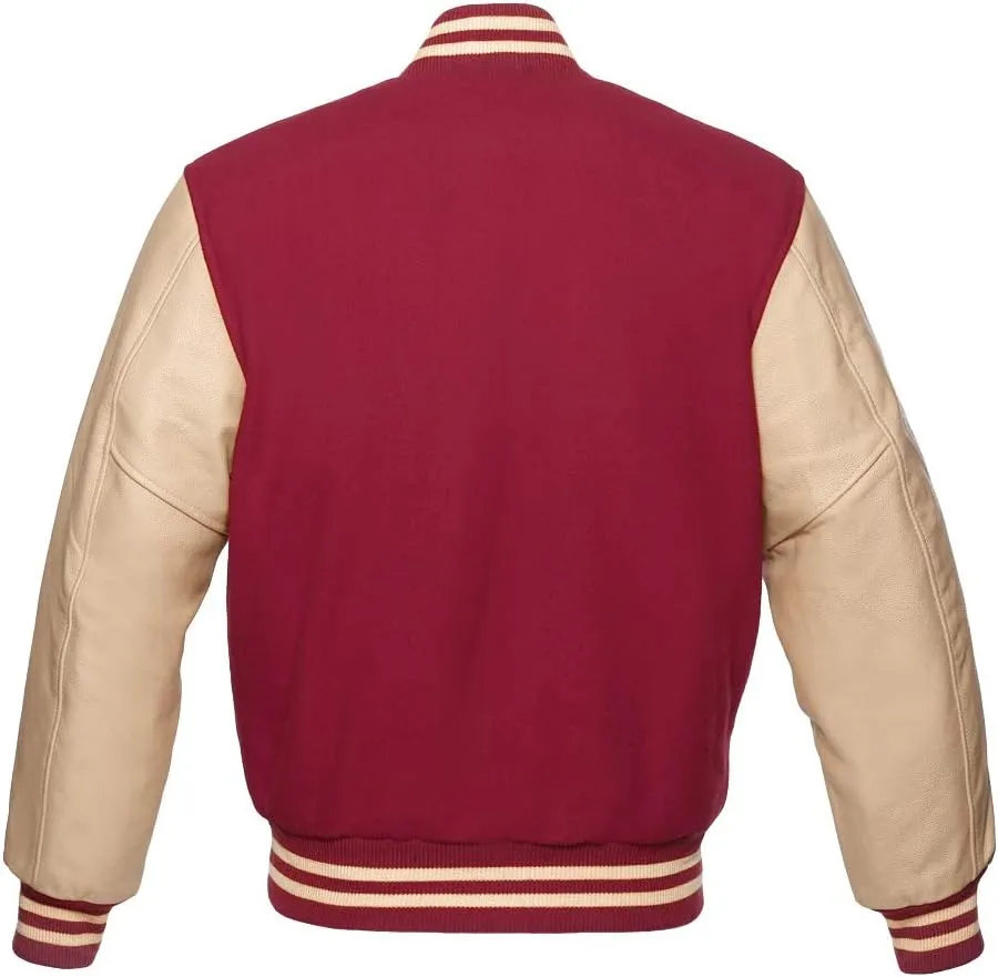 Varsity Baseball Letterman Bomber School College Maroon Wool & Genuine Cream Leather Sleeves Zipper Jacket
