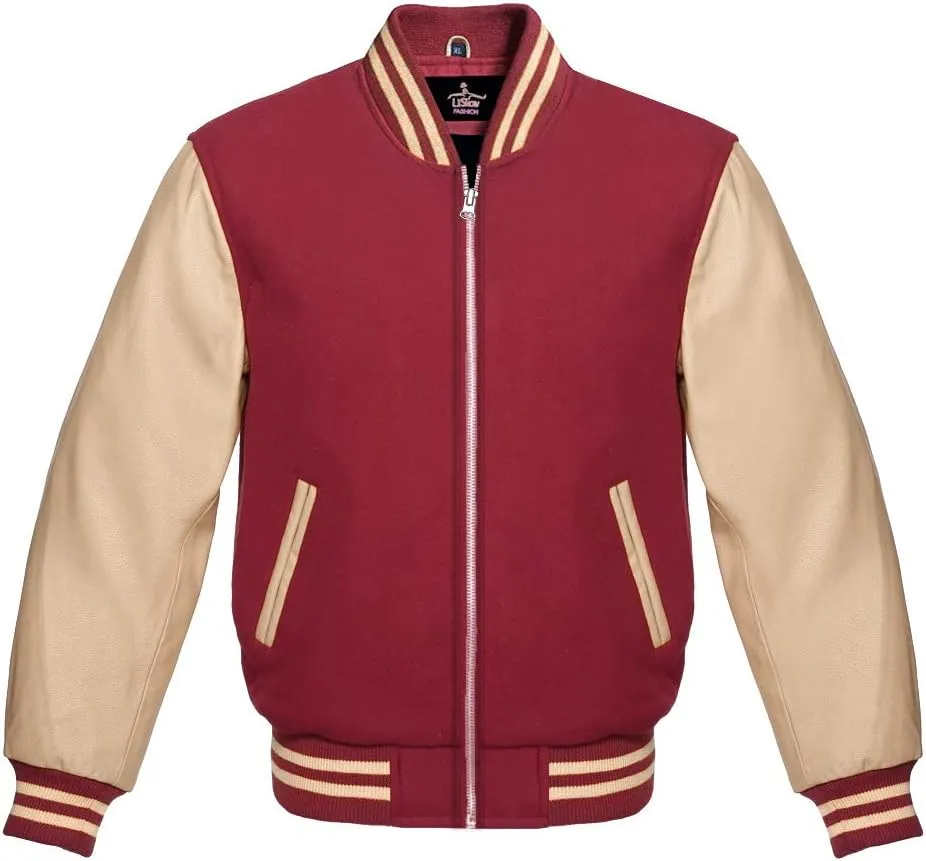 Varsity Baseball Letterman Bomber School College Maroon Wool & Genuine Cream Leather Sleeves Zipper Jacket