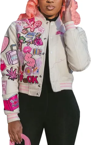 Varsity Jacket Women Print Vintage Patches Letterman Cropped Bomber Jacket Lightweight Dressy Cute Coat