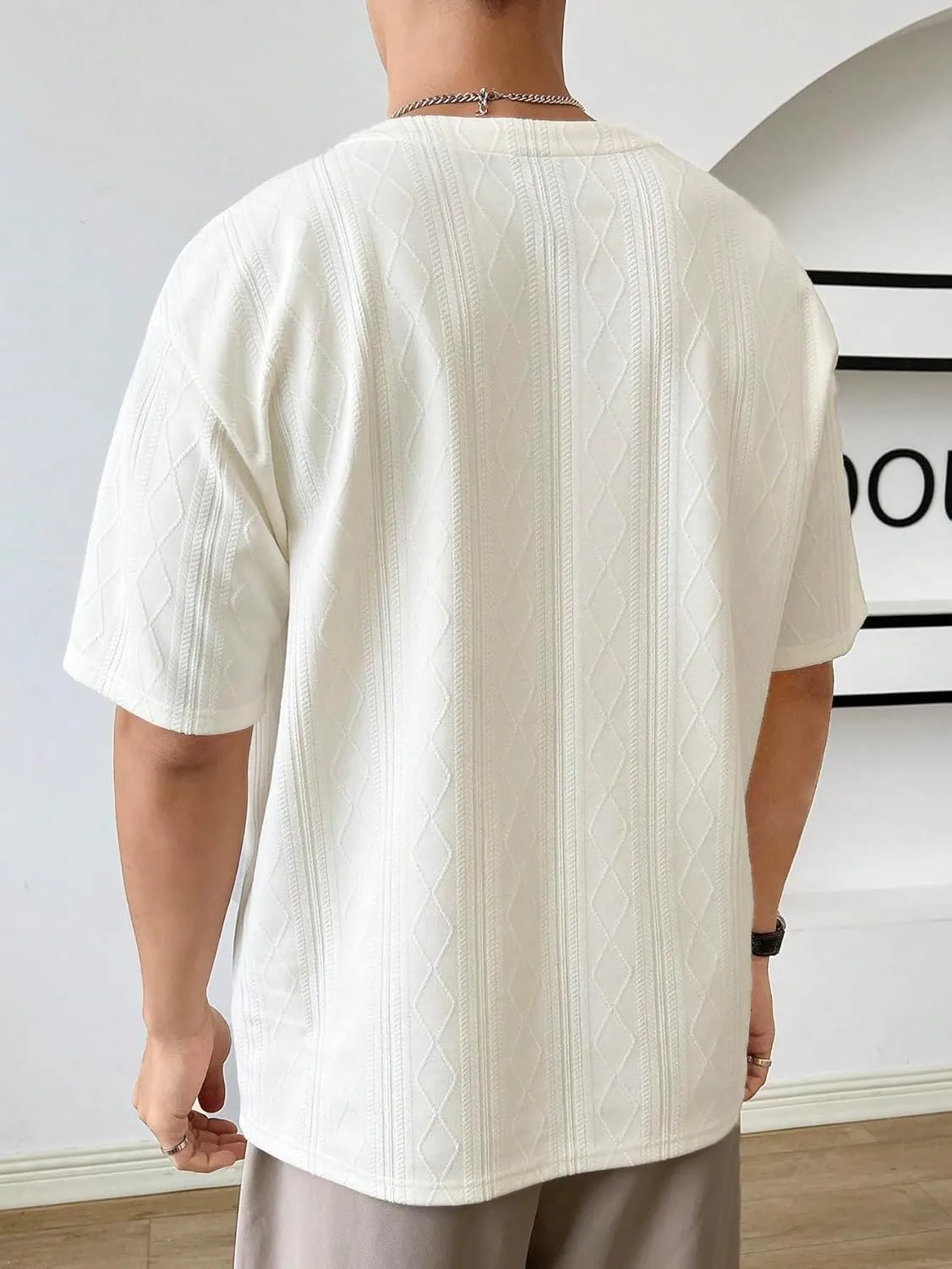Verdusa Men's Notched Neck Drop Shoulder Short Sleeve Textured Tee Top Casual T Shirt