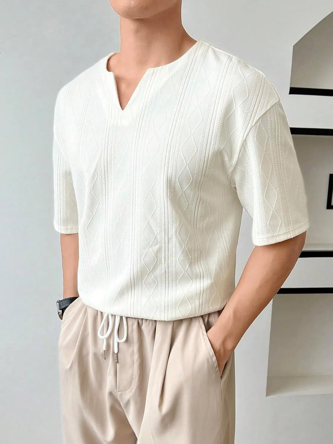 Verdusa Men's Notched Neck Drop Shoulder Short Sleeve Textured Tee Top Casual T Shirt