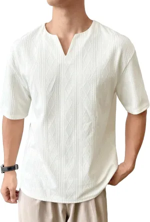 Verdusa Men's Notched Neck Drop Shoulder Short Sleeve Textured Tee Top Casual T Shirt