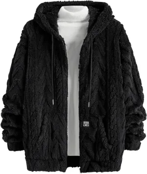 Verdusa Men's Zip Up Hoodies Fuzzy Fleece Jacket Long Sleeve Hooded Jackets Winter Coats Warm Outwear