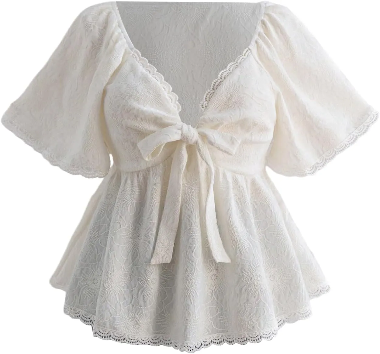 Verdusa Women's Plus Size Coquette Tie Front T Shirt Deep V Neck Ruffle Hem Knit Tee Tops