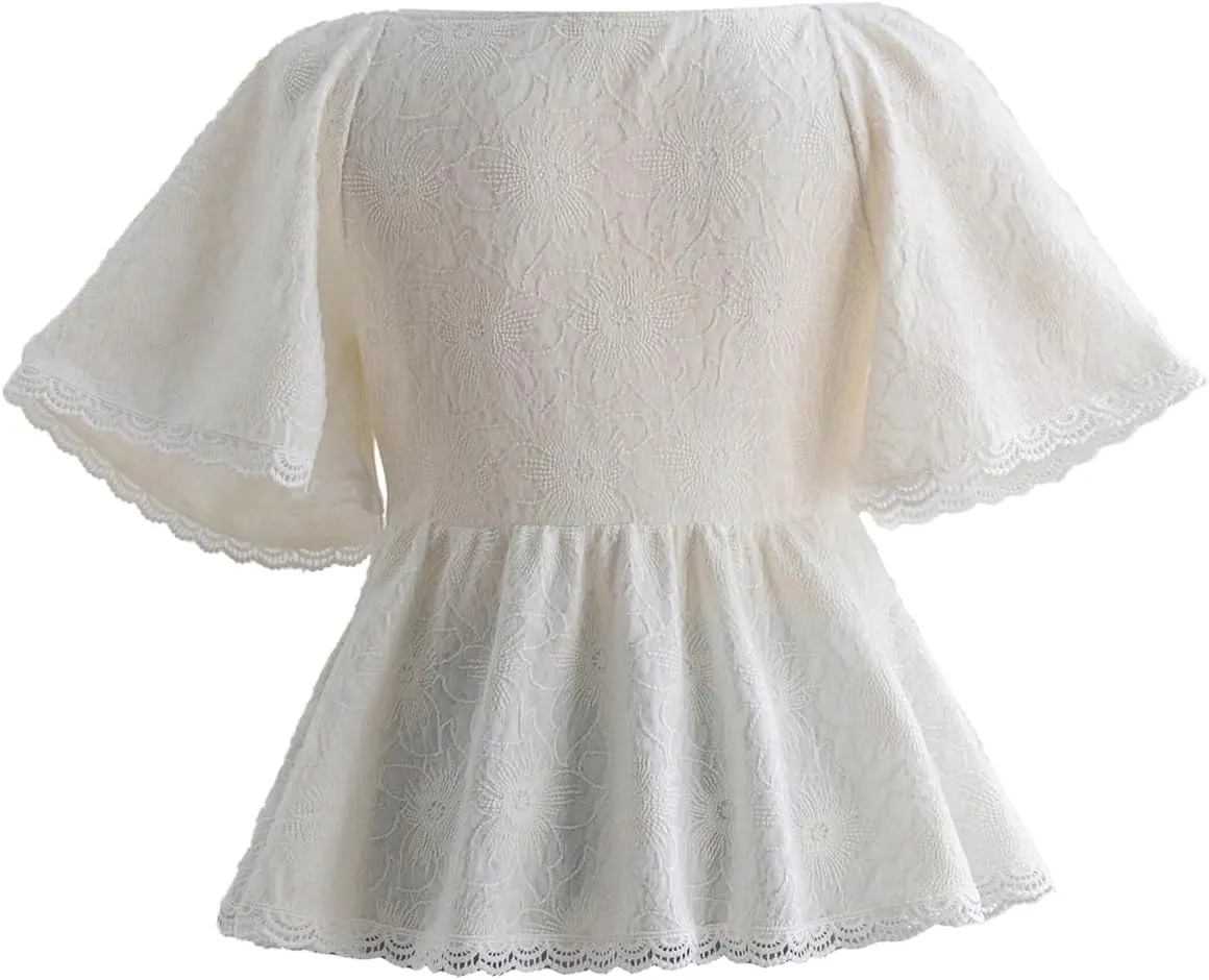 Verdusa Women's Plus Size Coquette Tie Front T Shirt Deep V Neck Ruffle Hem Knit Tee Tops