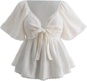 Verdusa Women's Plus Size Coquette Tie Front T Shirt Deep V Neck Ruffle Hem Knit Tee Tops