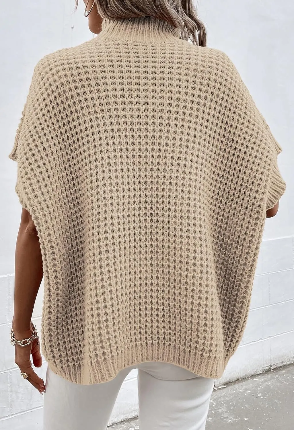 Viottiset Womens Oversized Short Batwing Sleeve Mock Neck Sweater Vest Fall Sleeveless Pullover Knit Sweaters
