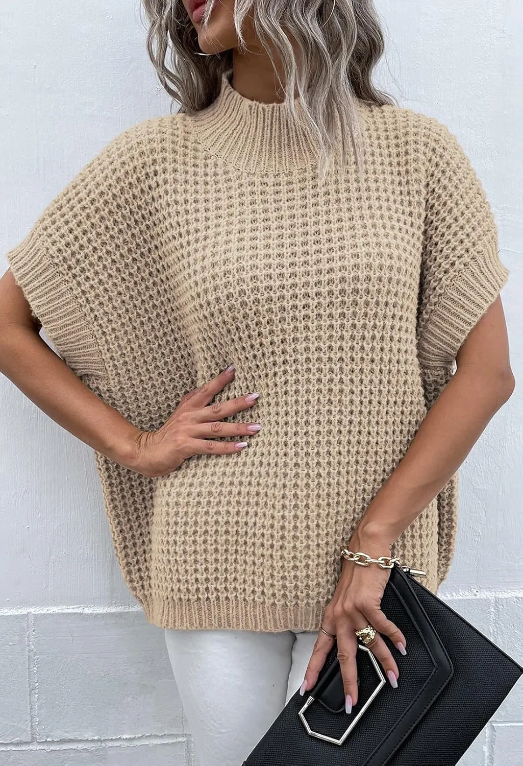Viottiset Womens Oversized Short Batwing Sleeve Mock Neck Sweater Vest Fall Sleeveless Pullover Knit Sweaters
